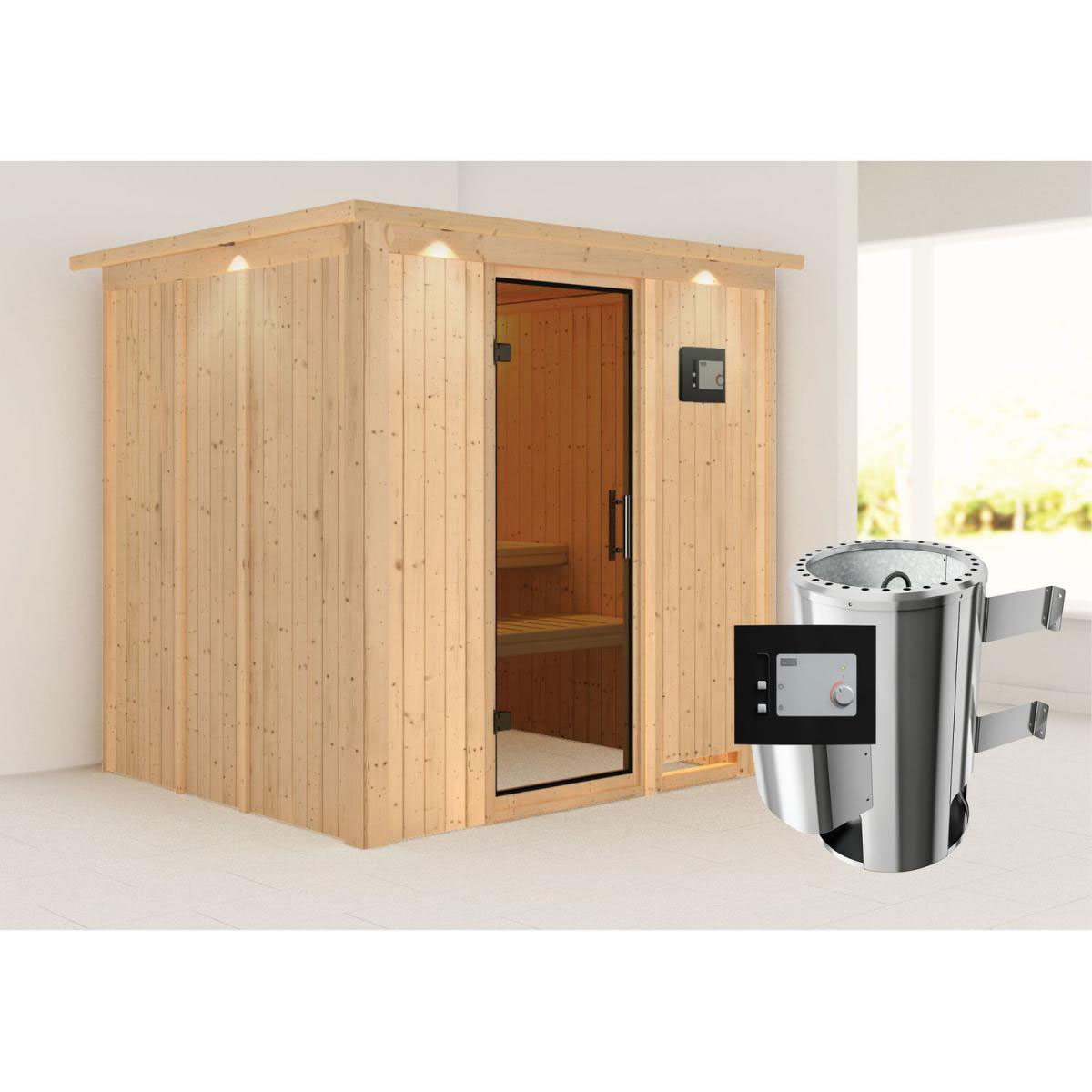 Karibu Sauna Daria Fronteinstieg 3,6 kW Ofen externe Strg modern mit Kranz graphitfarbene Glastür Bild 7