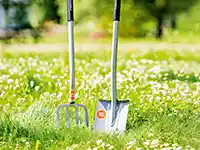 Eine Schaufel und eine Heugabel stehen aufrecht im grasbewachsenen Garten.