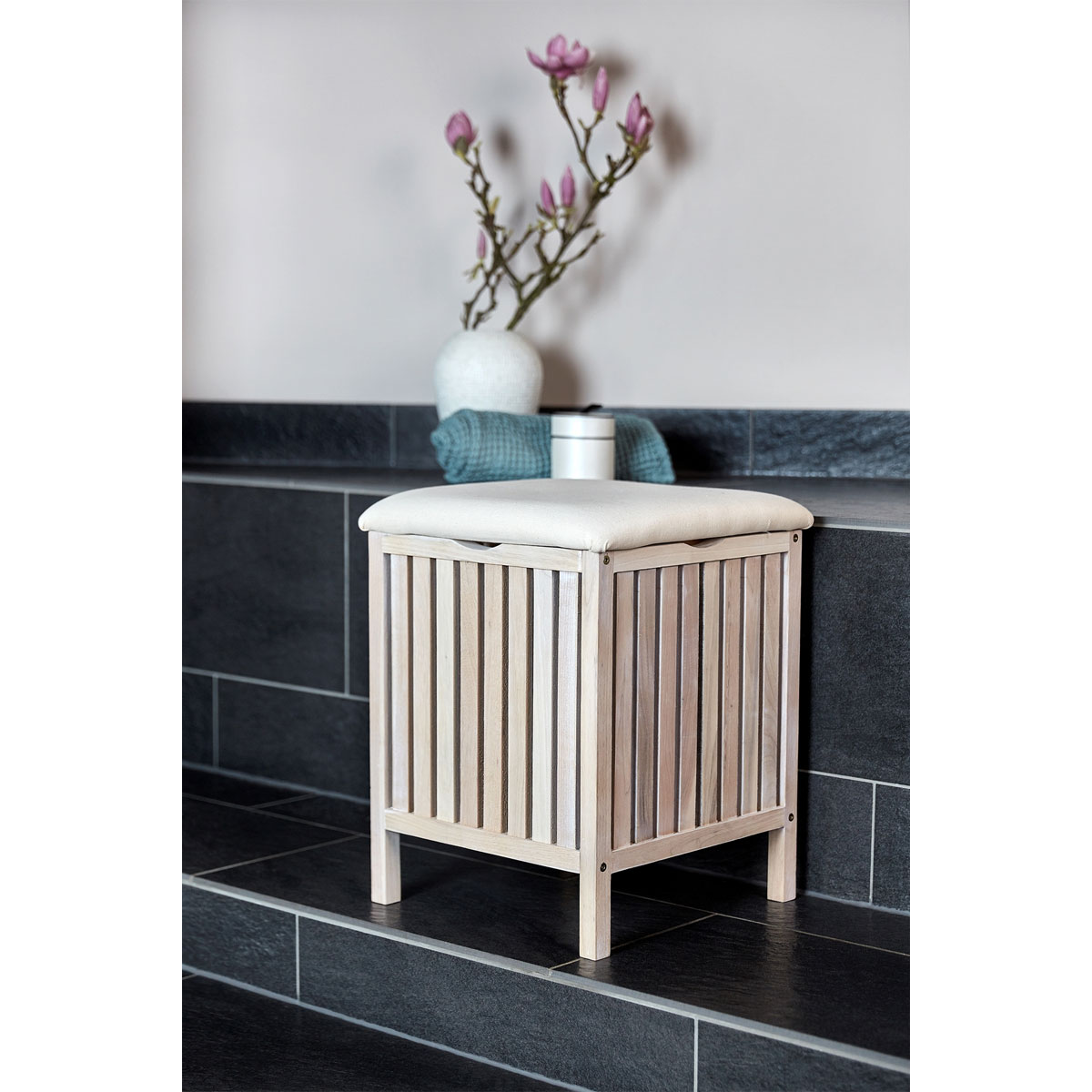 Wenko  Hocker Norway Weiß mit Wäschesammler Badhocker massives Walnussholz Bild 6