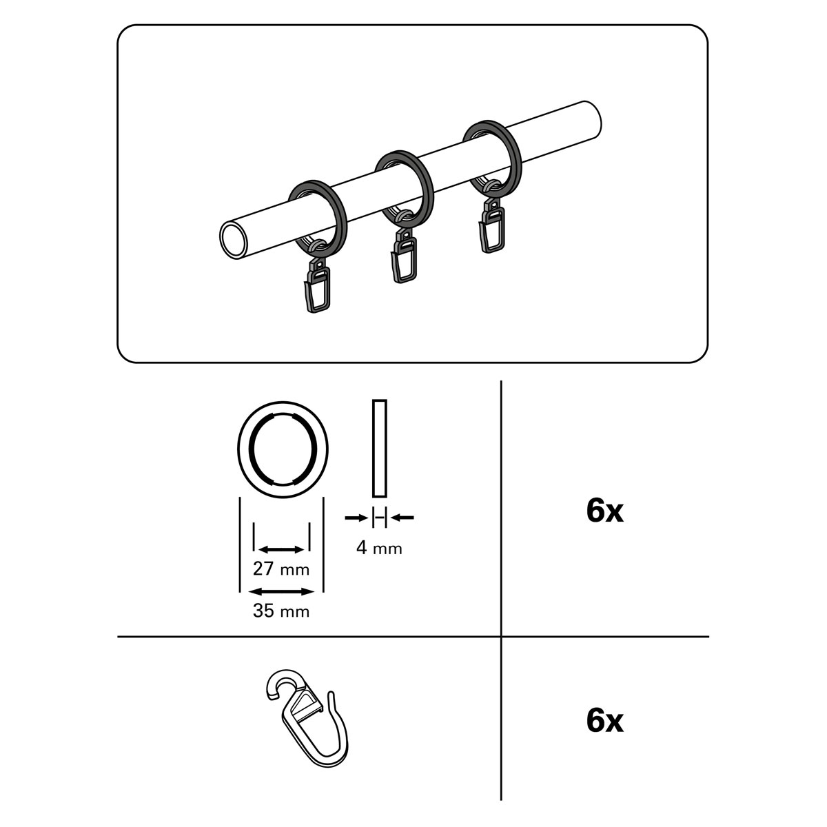 Gardinenringe mit Faltenlegehaken Edelstahl-Optik Bild 2