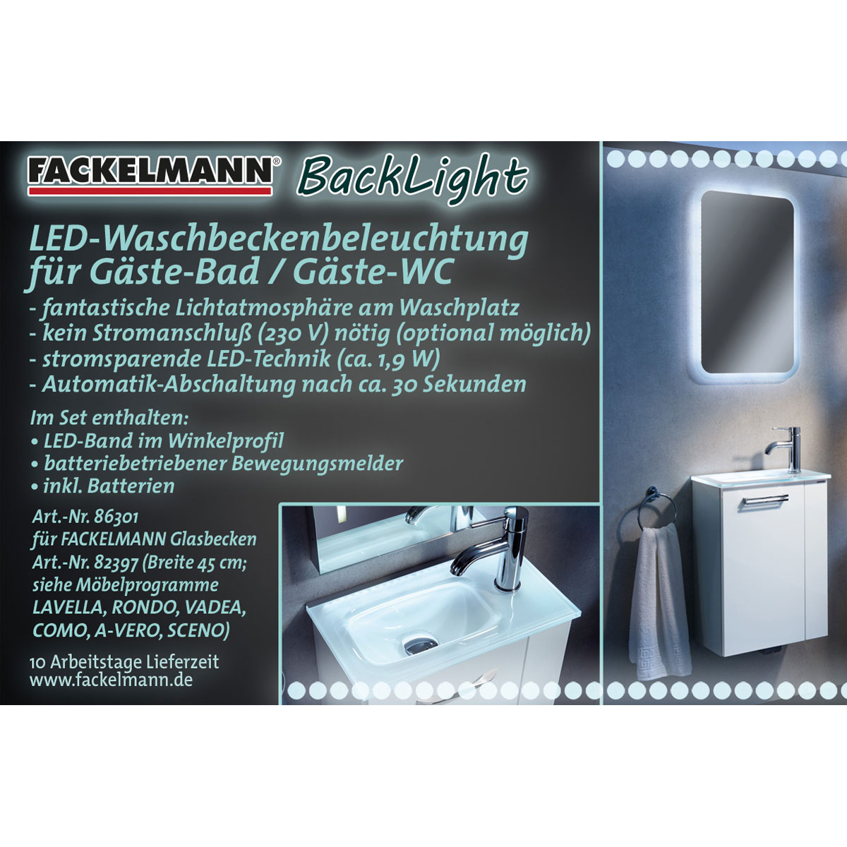 Fackelmann Waschbeckenbeleuchtung BackLight 45 x 1,5 x 1,5 cm grau inkl Bewegungsmelder Bild 4