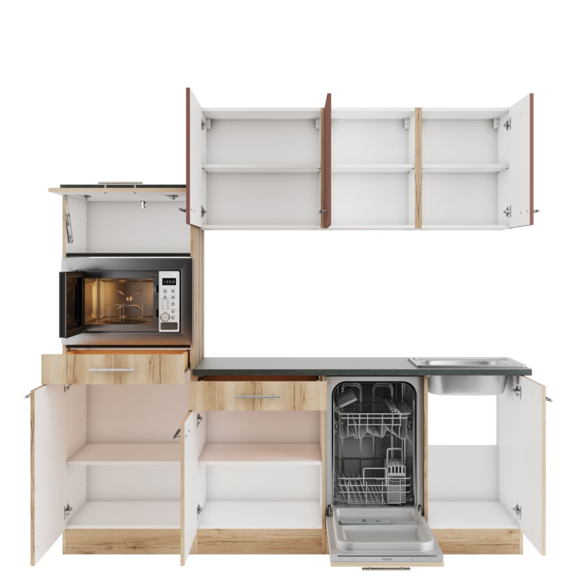 optifit Miniküche Bari407 Livorno290 210 x 226,8 x 60 cm Rostrot   Wildeiche Nachbildung Wildeiche Nachbildung Bild 3