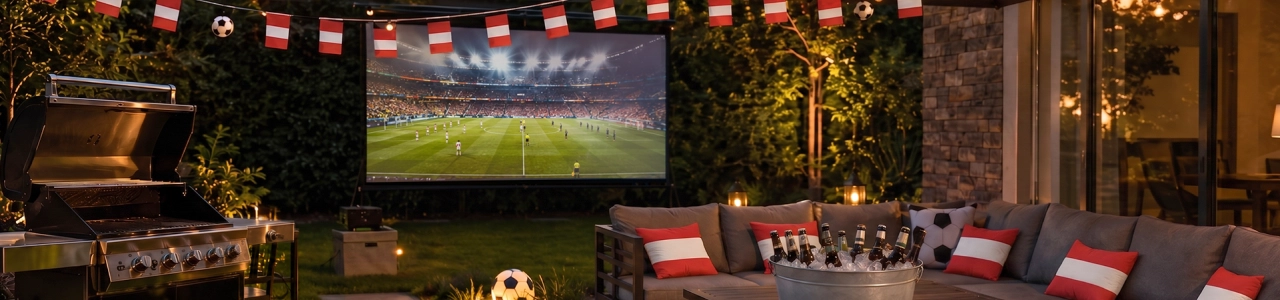 Fußball auf einer leinwand in einem geschmückten GArten