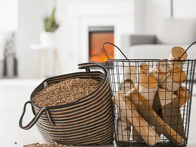 Ein Korb mit Brennholz und ein Korb voller Pellets stehen vor einem Kamin.