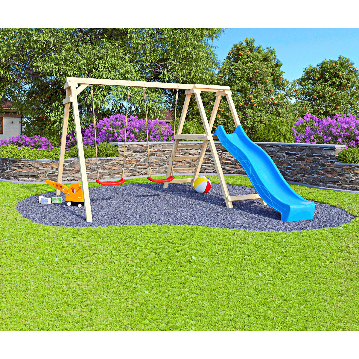 Karibu Doppelschaukel Felix mit Klettergerüst und Rutsche Bild 3