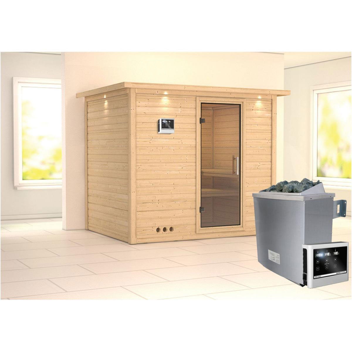 Karibu Sauna Sonara Fronteinstieg 9 kW Ofen externe Strg mit Kranz Klarglas-Tür Bild 5