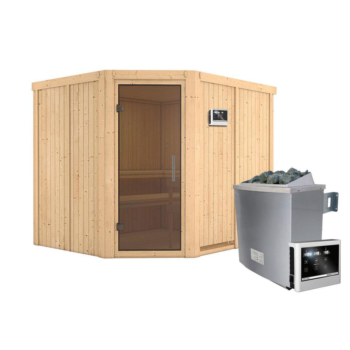 Karibu Sauna Malin Eckeinstieg 9 kW externe Strg modern Tür graphit ohne Kranz Bild 2