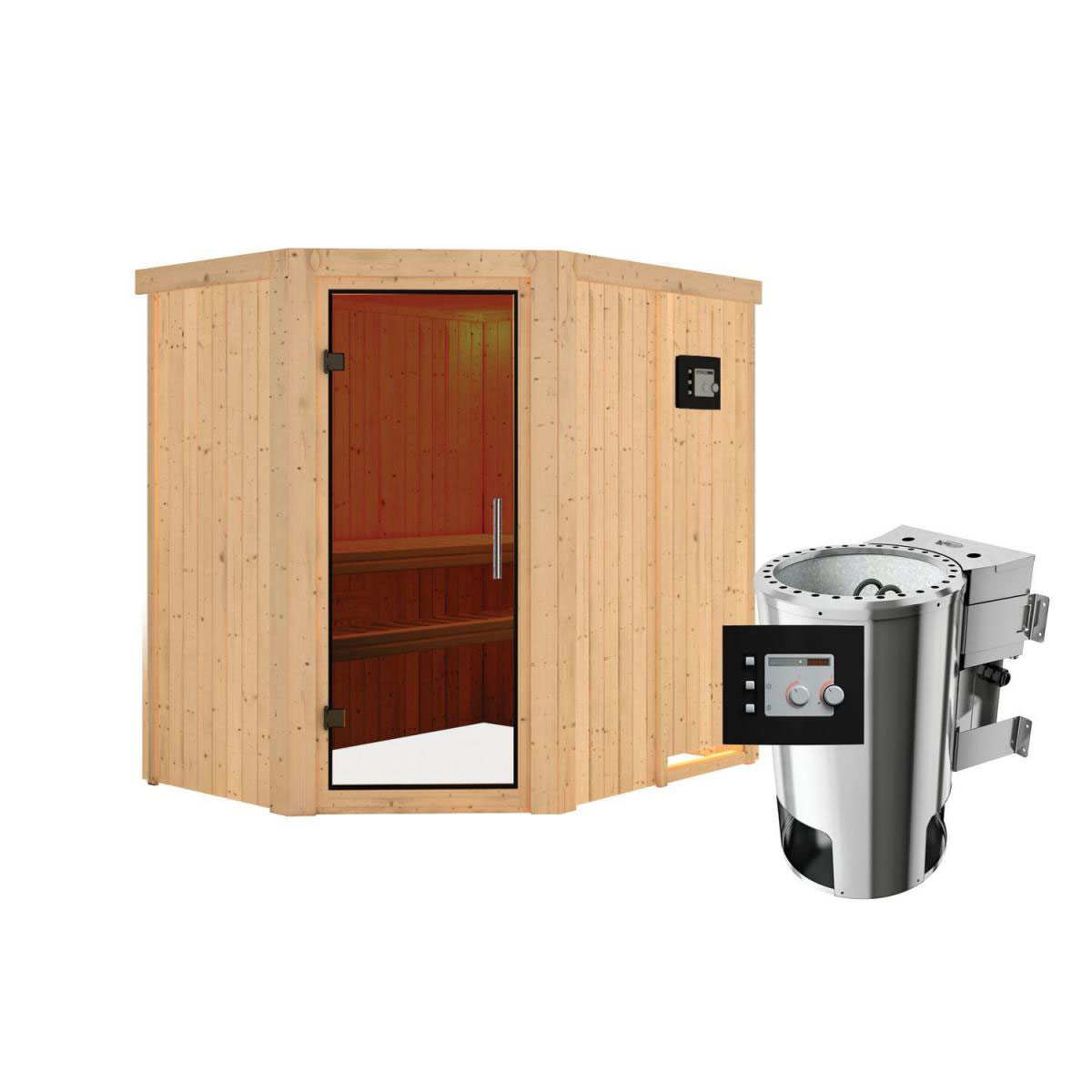 Karibu Sauna Saja Eckeinstieg 3,6 kW Bio Ofen externe Strg modern kein Kranz Energiespartür Bild 1