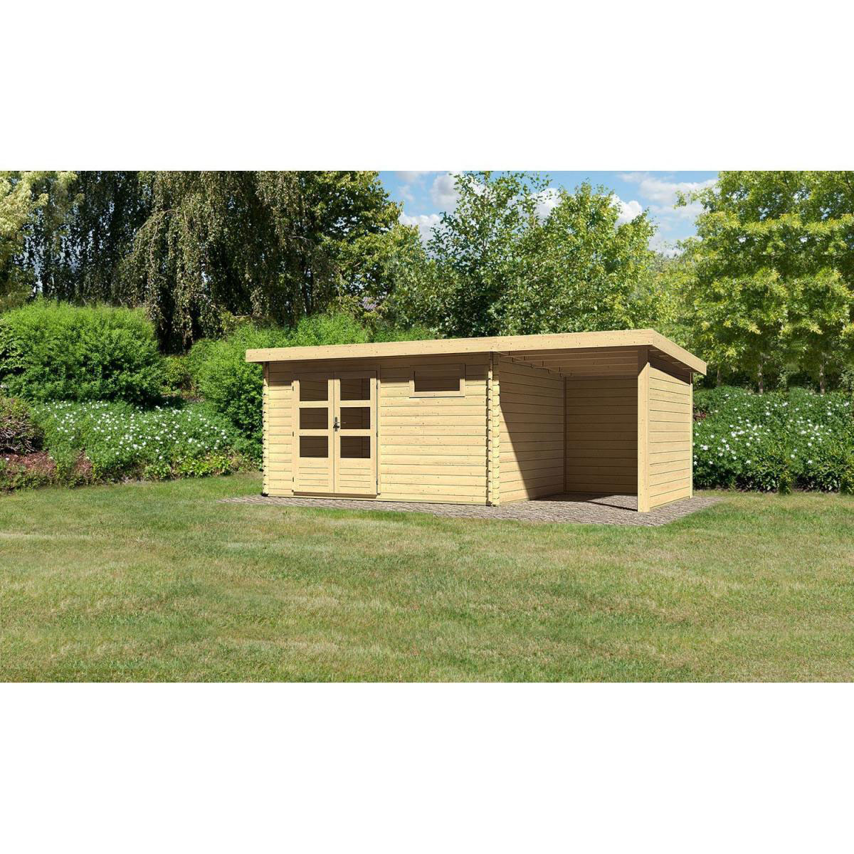 Karibu Gartenhaus Bastrup mit Schleppdach 200 cm und Seiten-/Rückwand naturbelassen 387 x 297 x 222 cm