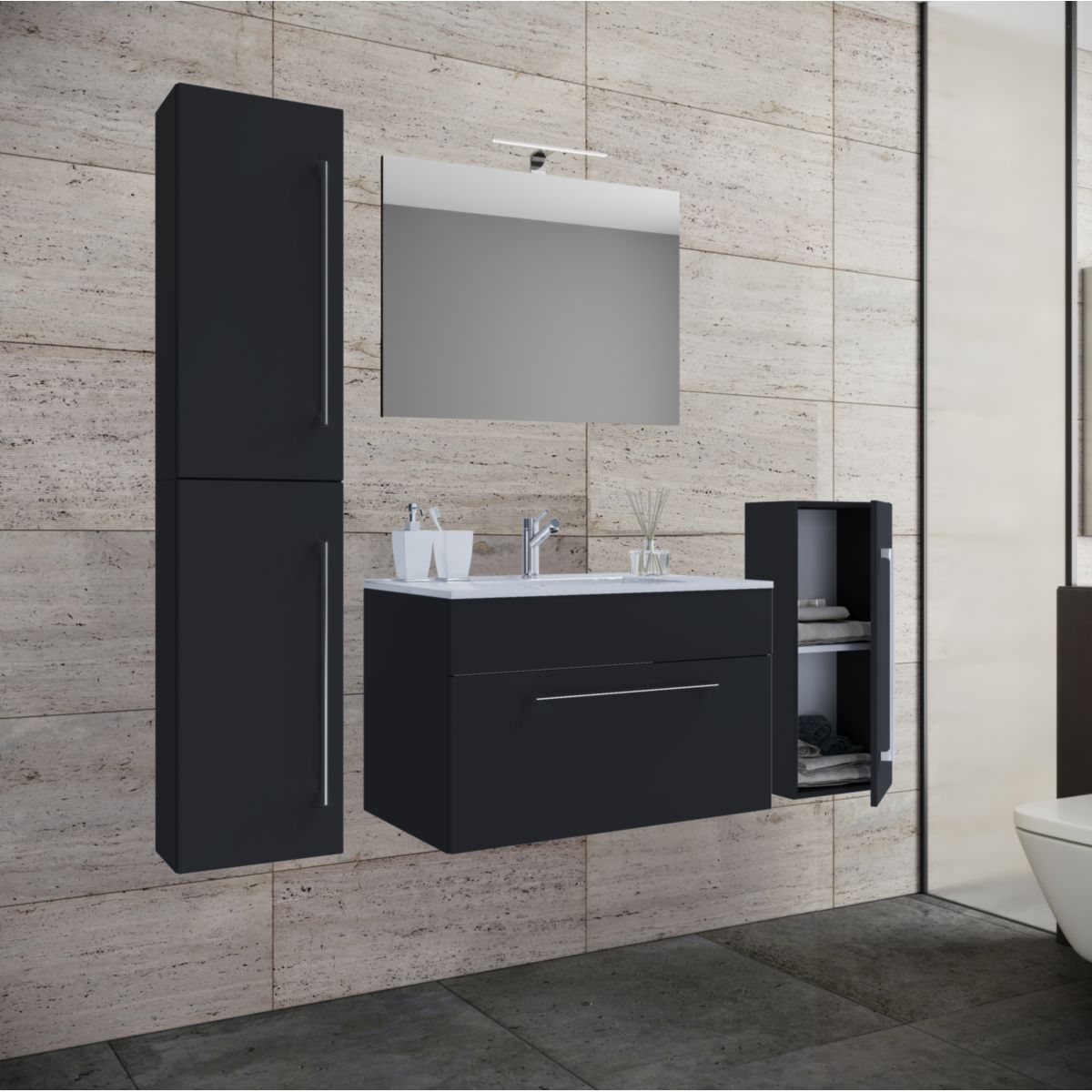 Waschplatz 60 cm 5-teiliges Set 1 Schubfach mit Spiegel schwarz Bild 2