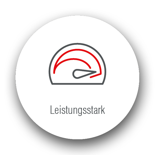 Ein Tachometer zeigt hohe Geschwindigkeit, darunter steht "Leistungsstark".