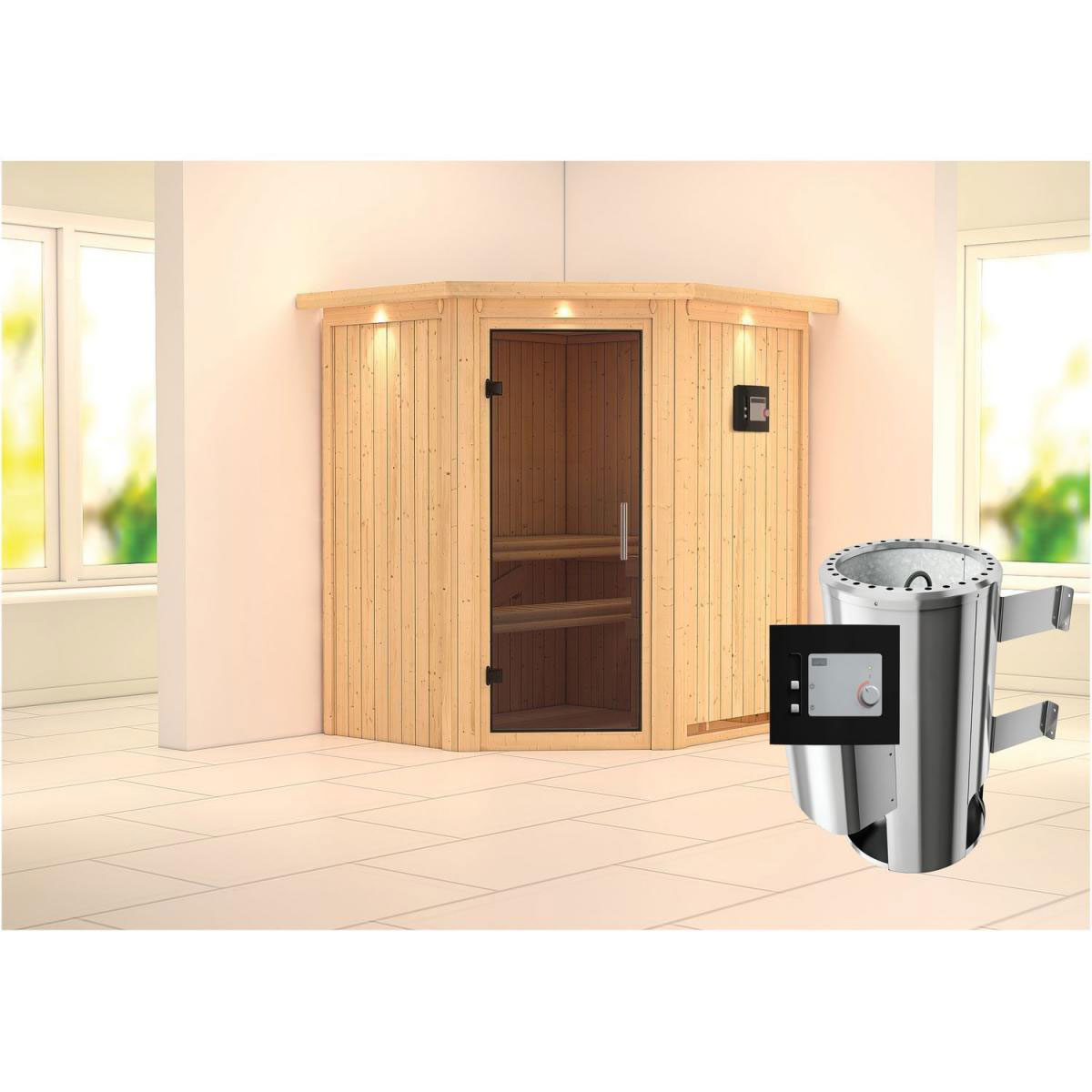 Karibu Sauna Tonja Eckeinstieg 3,6 kW Ofen externe Strg modern mit Kranz graphitfarbene Glastür Bild 7
