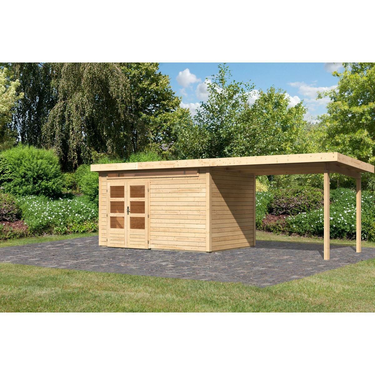 Karibu Gartenhaus-Set Kandem 7 mit Anbaudach 2,95 m naturbelassen Bild 1