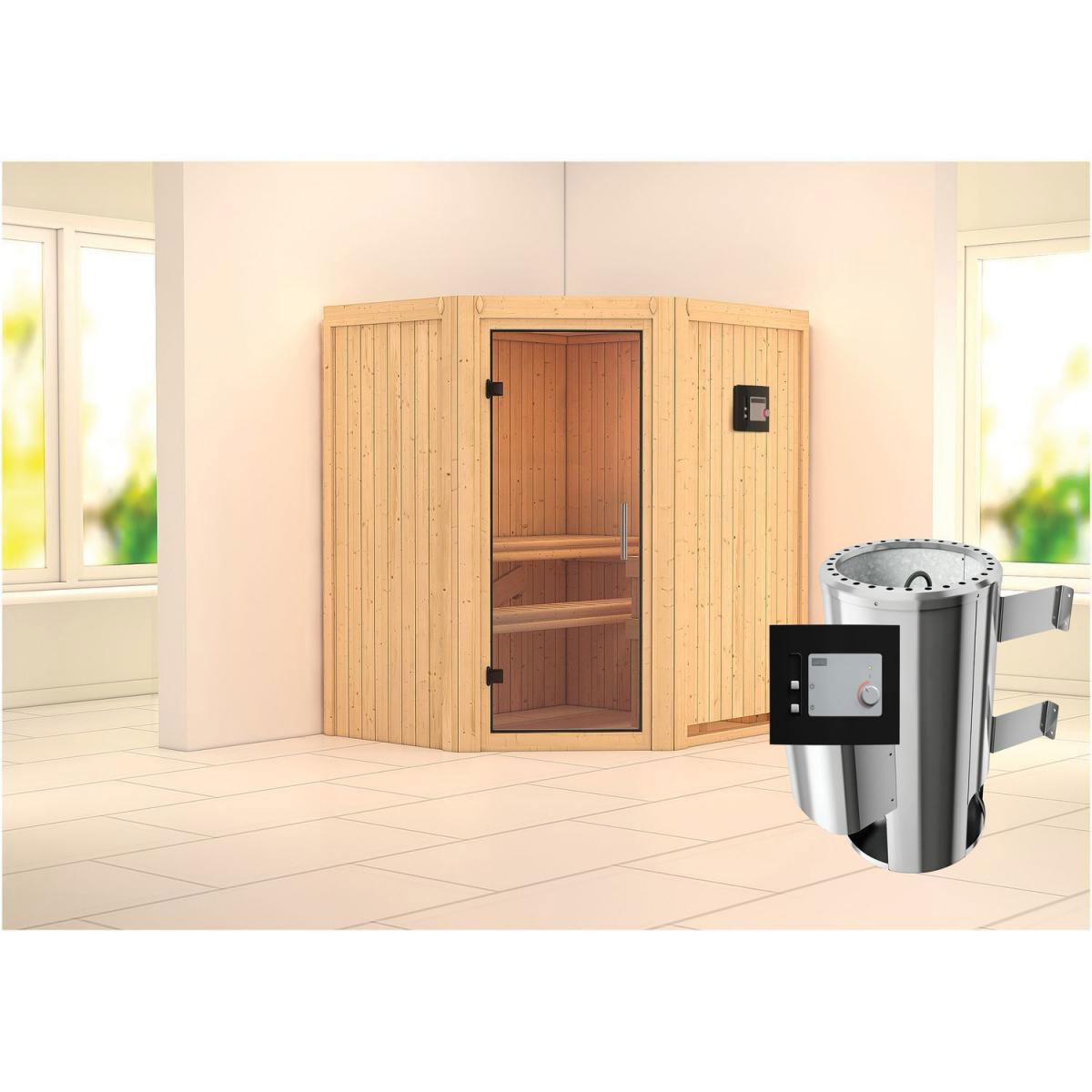 Karibu Sauna Tonja Eckeinstieg 3,6 kW Ofen externe Strg kein Kranz Klarglas-Tür Bild 6