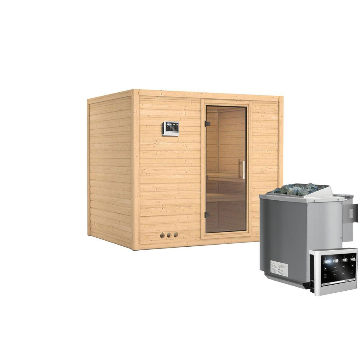 Karibu Sauna Sonara Fronteinstieg 9 kW Bio Ofen kein Kranz Klarglas-Tür Bild 1