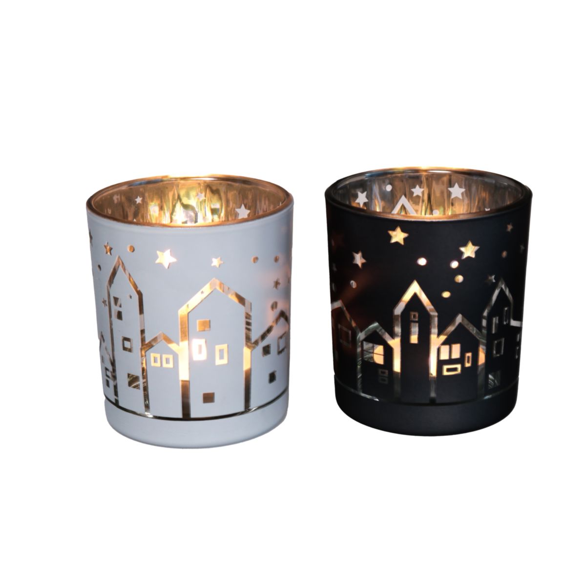 Windlicht Häuser 2er-Set 7,8x7cm weiss grau