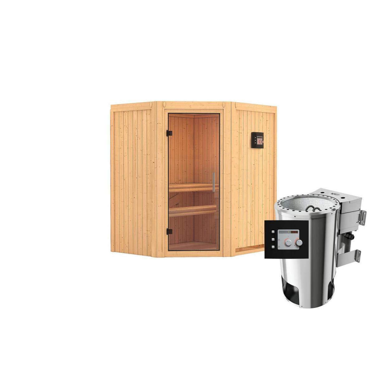 Karibu Sauna Tonja Eckeinstieg 3,6 kW Bio Ofen kein Kranz Klarglas-Tür Bild 1