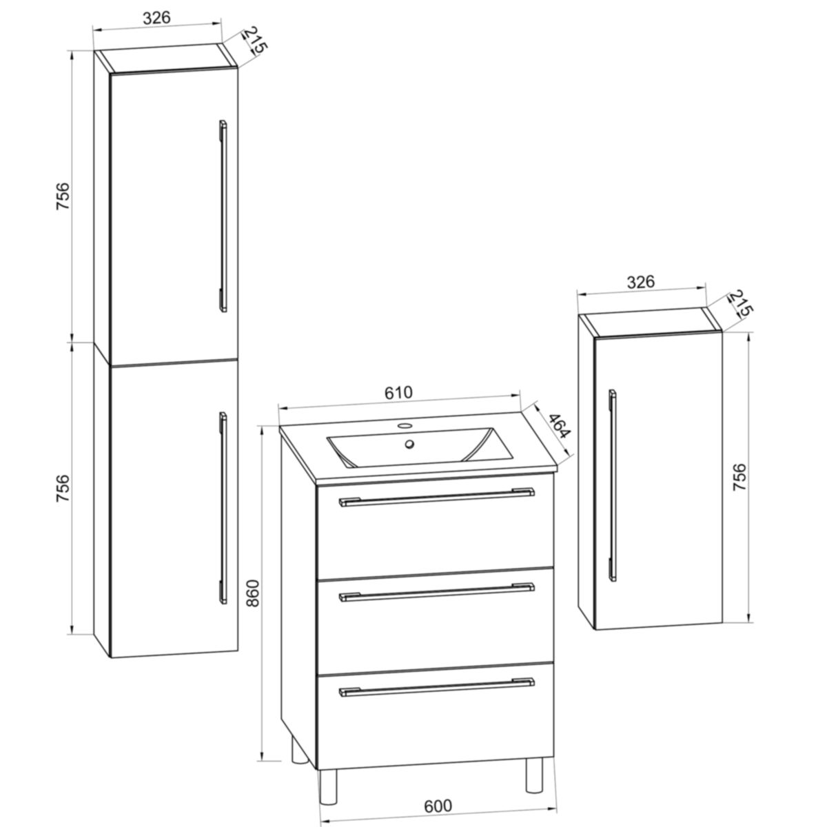 Stand-Waschplatz 60 cm 5-teiliges Set 3 Schubfächer mit Spiegelschrank weiß Bild 4