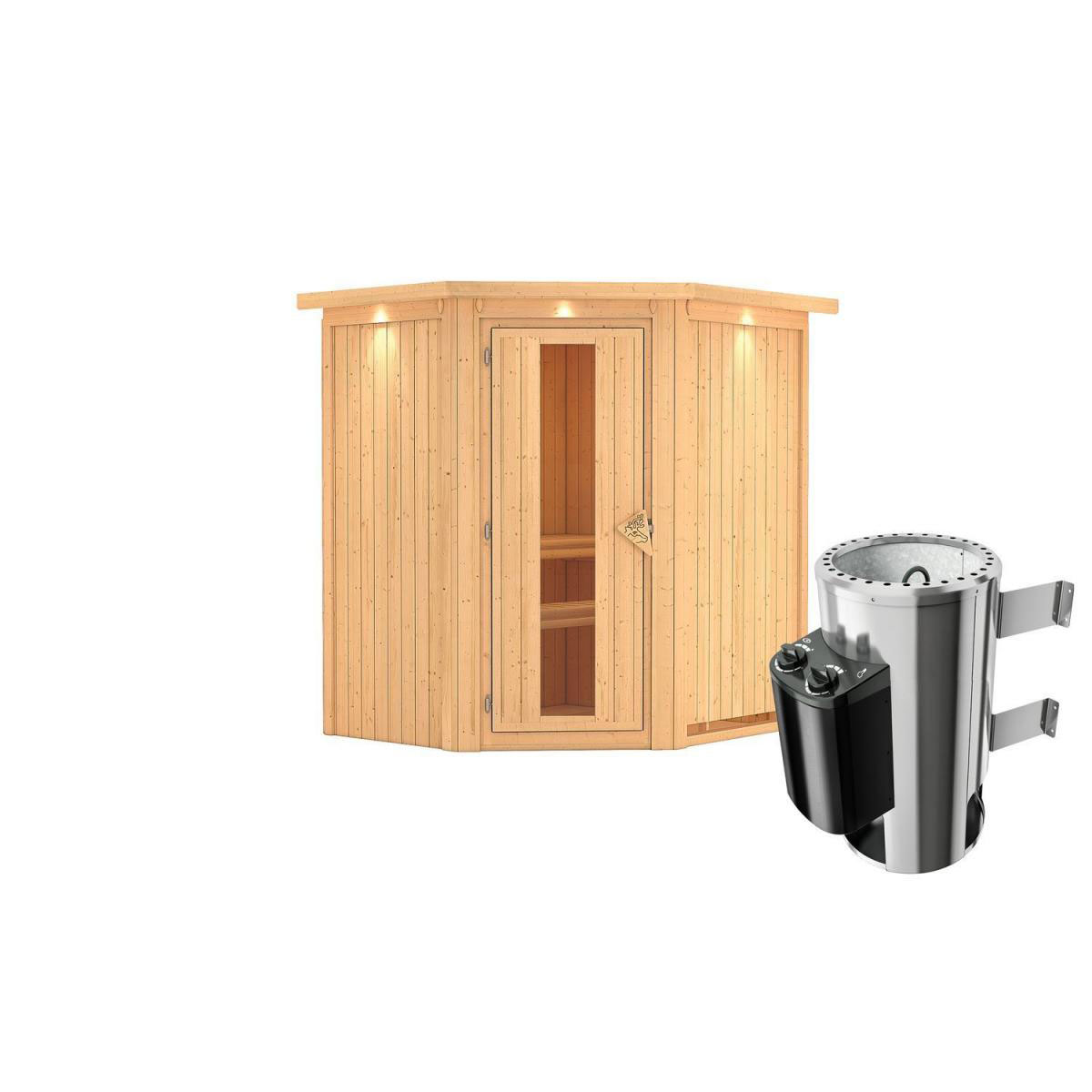 Karibu Sauna Tonja Eckeinstieg 3,6 kW Ofen integr Strg mit Kranz Energiespartür Bild 1