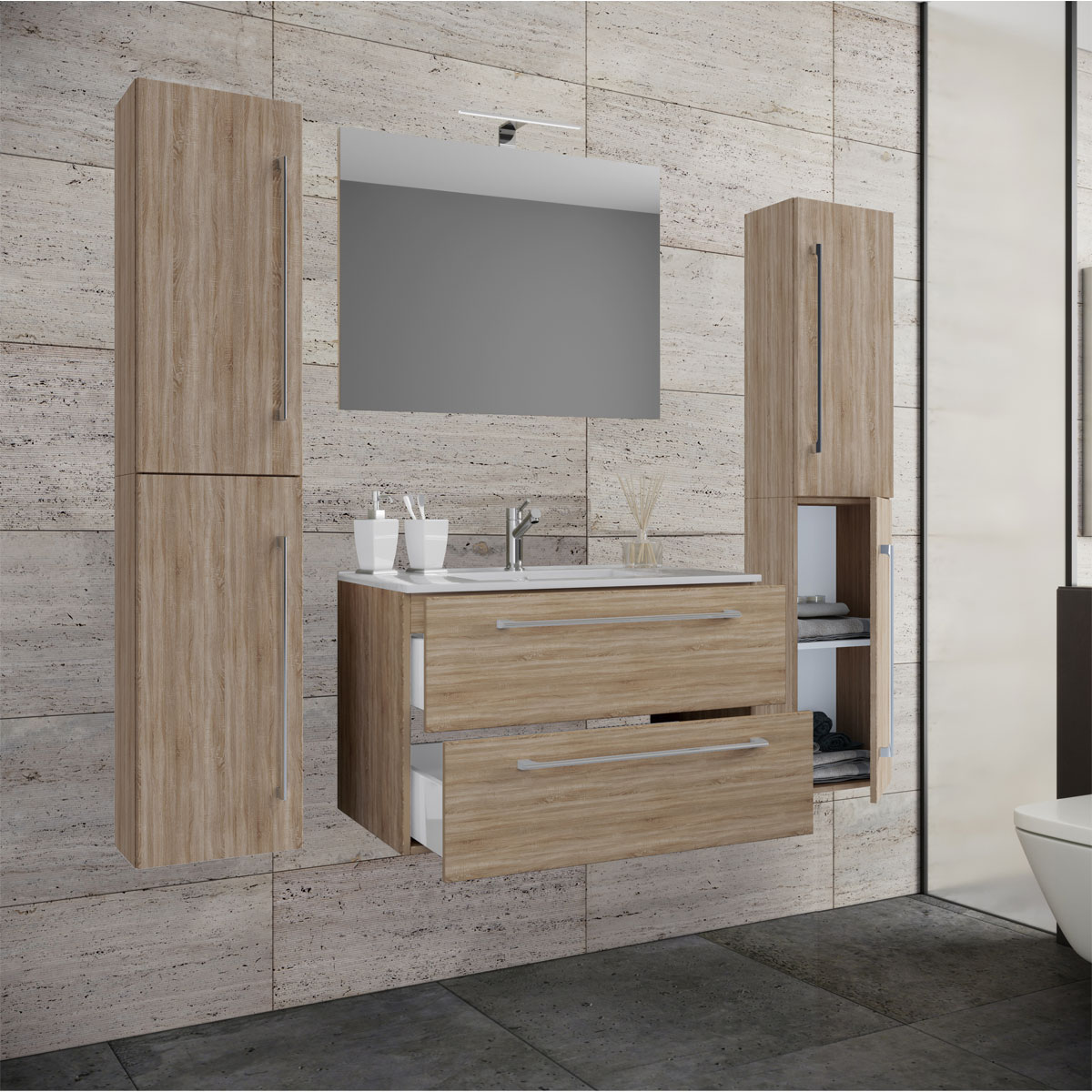 Germany product data sample: Waschplatz 80 cm 5-teiliges Set 2 Schubfächer mit Spiegel Sonoma-Eiche