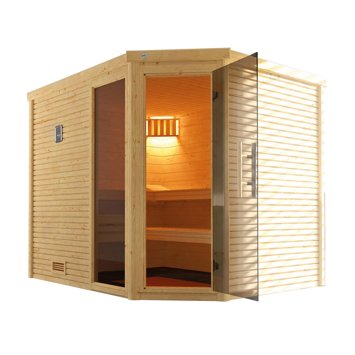 Weka  Premium Massivholz-Sauna Turku Eck Größe 3 Sparset 7,5 kW Bio S