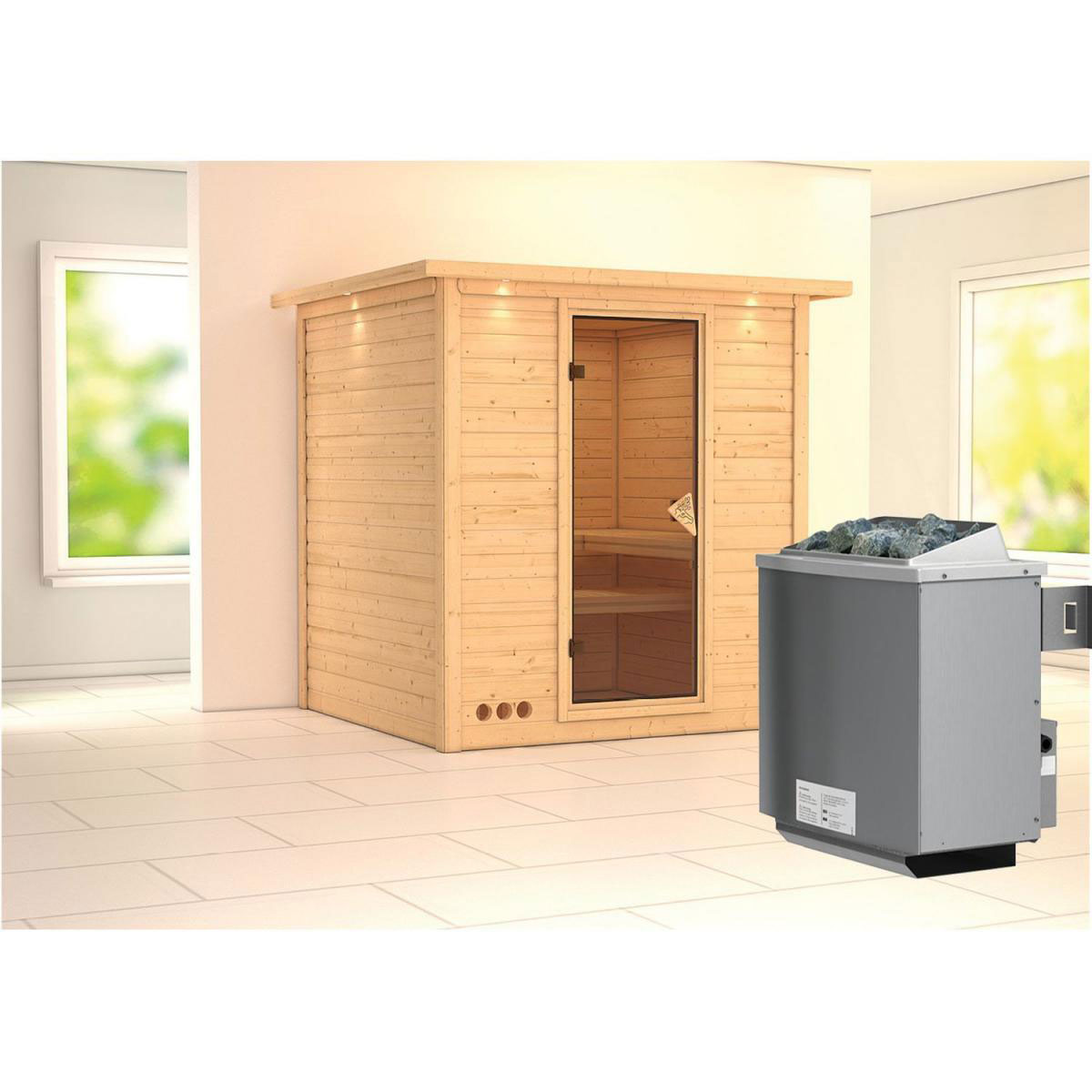 Karibu Massivholzsauna Mojave 40 mm 9 kW Ofen integr Strg mit Kranz