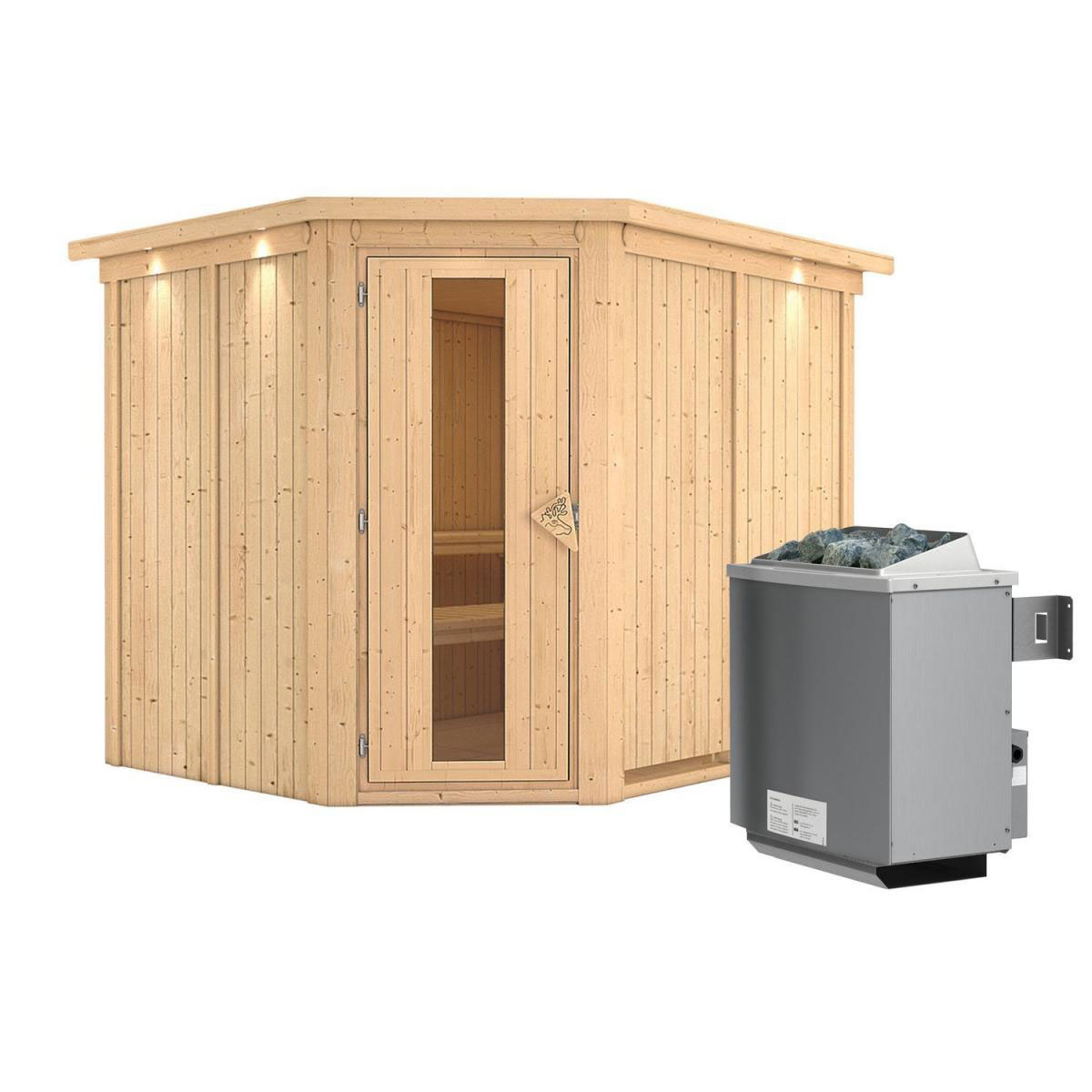 Karibu Sauna Malin Eckeinstieg 9 kW Ofen integr Strg Tür gedämmt mit Kranz Bild 2