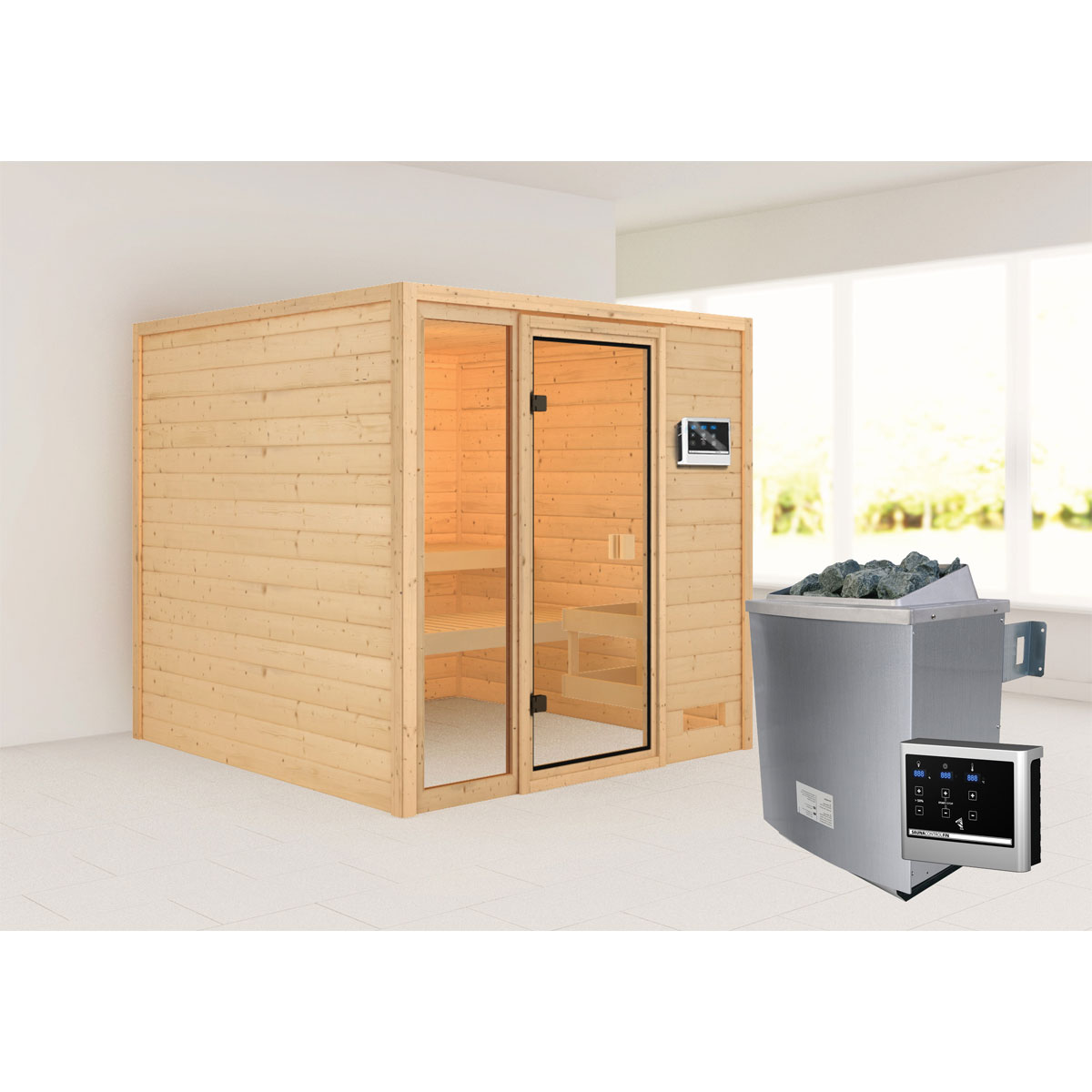 Karibu Sauna Jutta naturbelassen externe Steuerung ohne Dachkranz