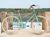 Ein türkisfarbenes Fahrrad steht auf einem Holzdeck vor einem Seehintergrund.