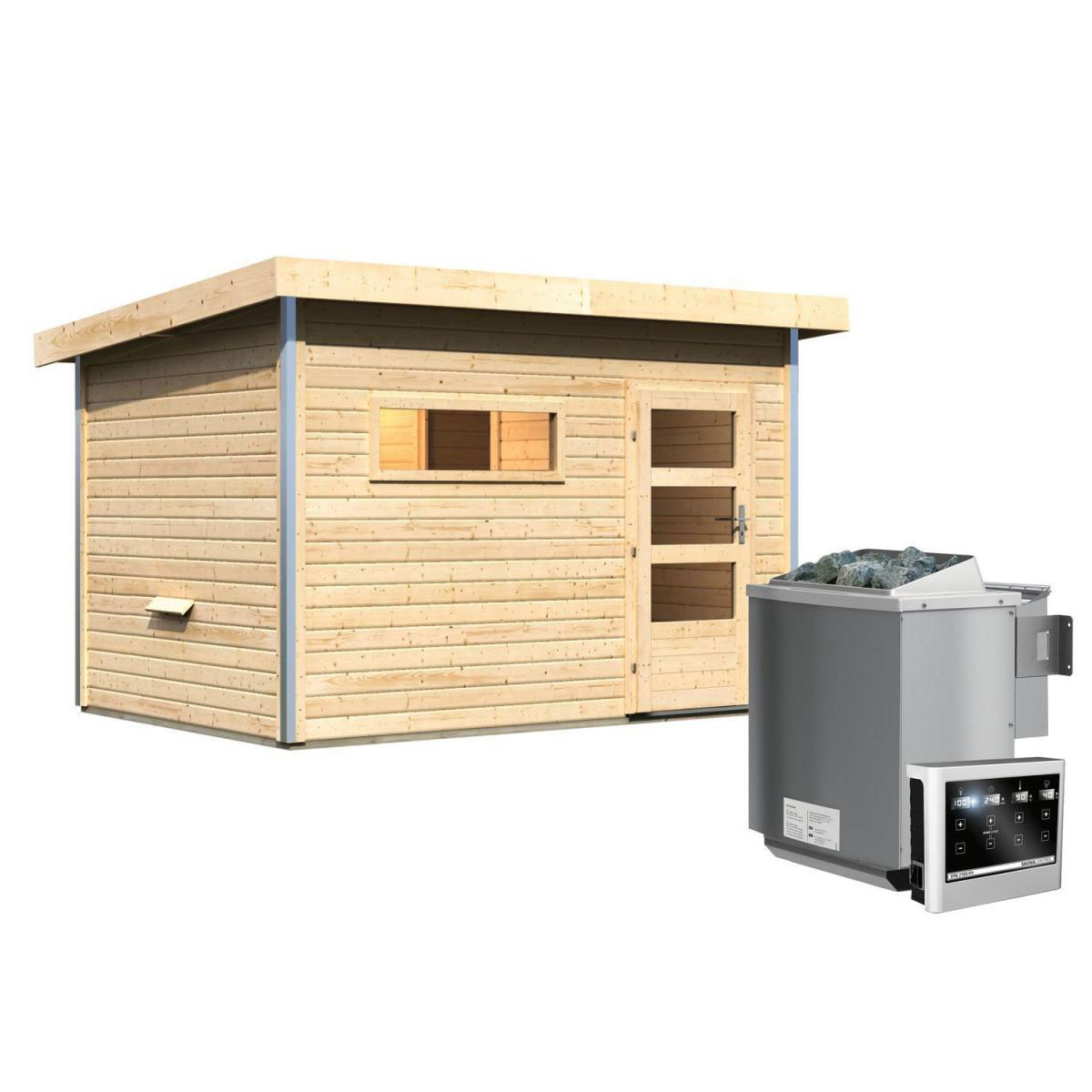 Karibu Saunahaus Skrollan 2 38 mm 9 kW Bio Ofen externe Strg Milchglastür Bild 1