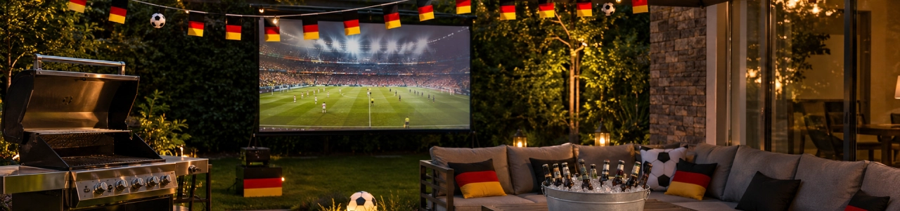 Fußball auf einer leinwand in einem geschmückten GArten