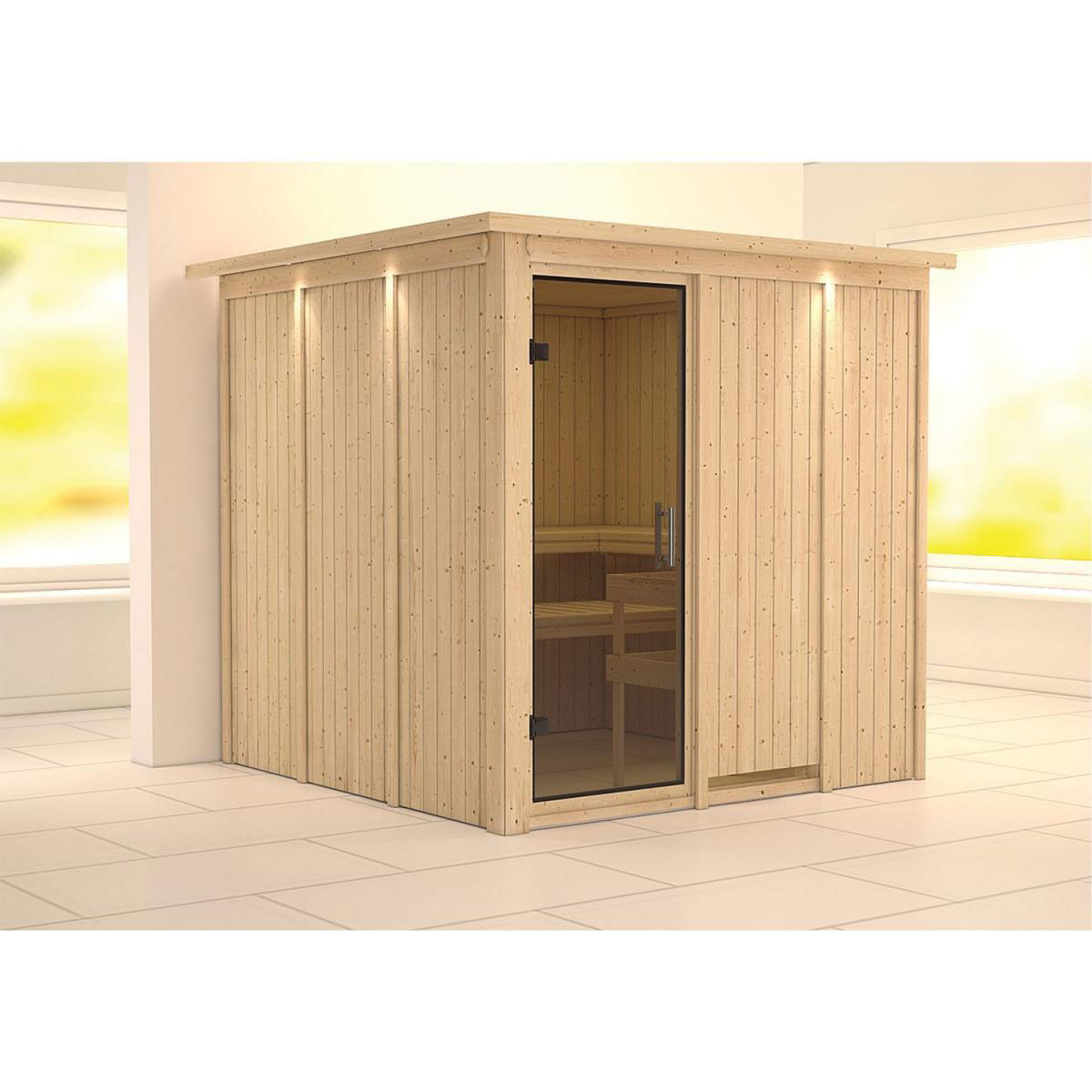 Karibu Sauna Rodin Fronteinstieg ohne Ofen Tür graphit mit Kranz Bild 1