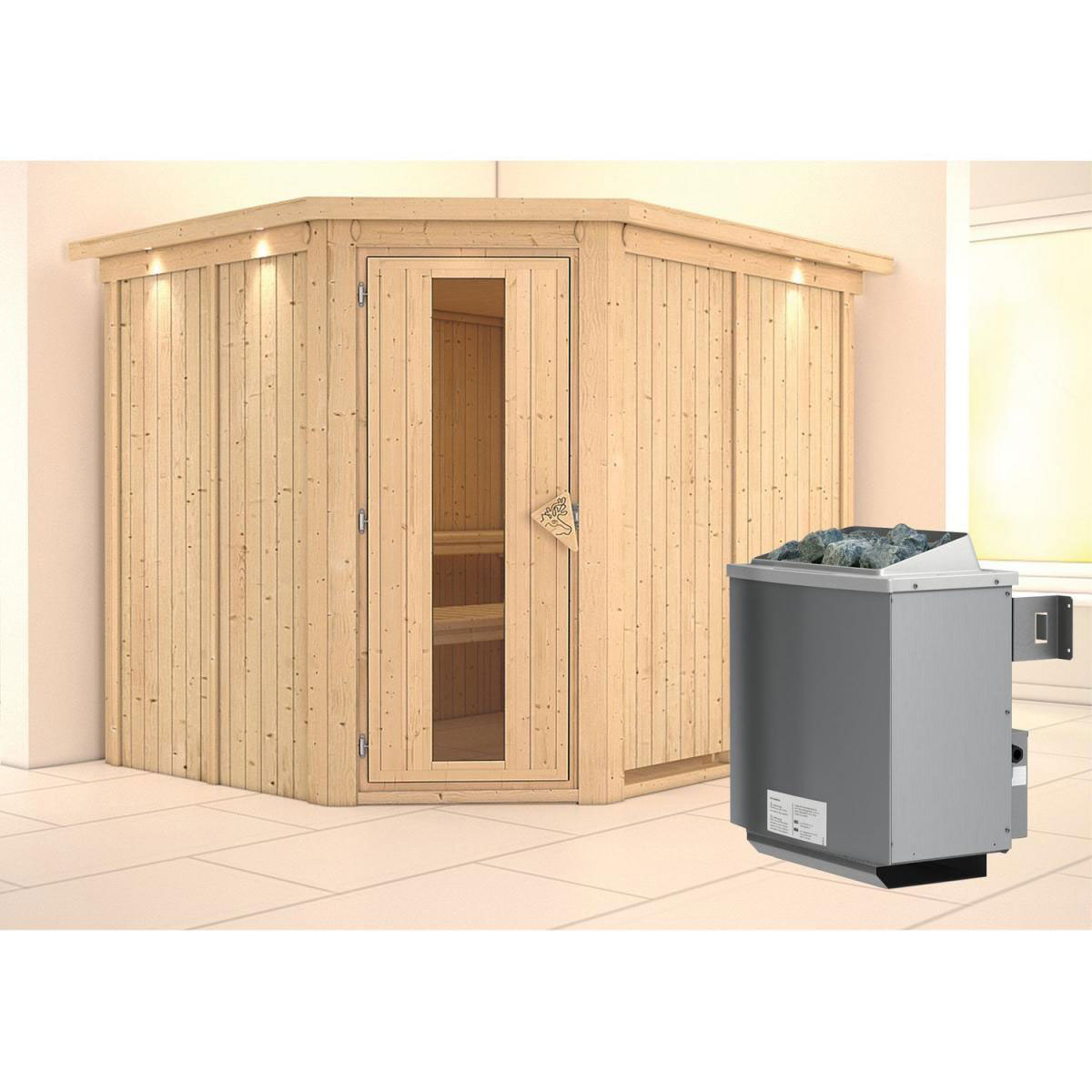 Karibu Sauna Malin Eckeinstieg 9 kW Ofen integr Strg Tür gedämmt mit Kranz Bild 1