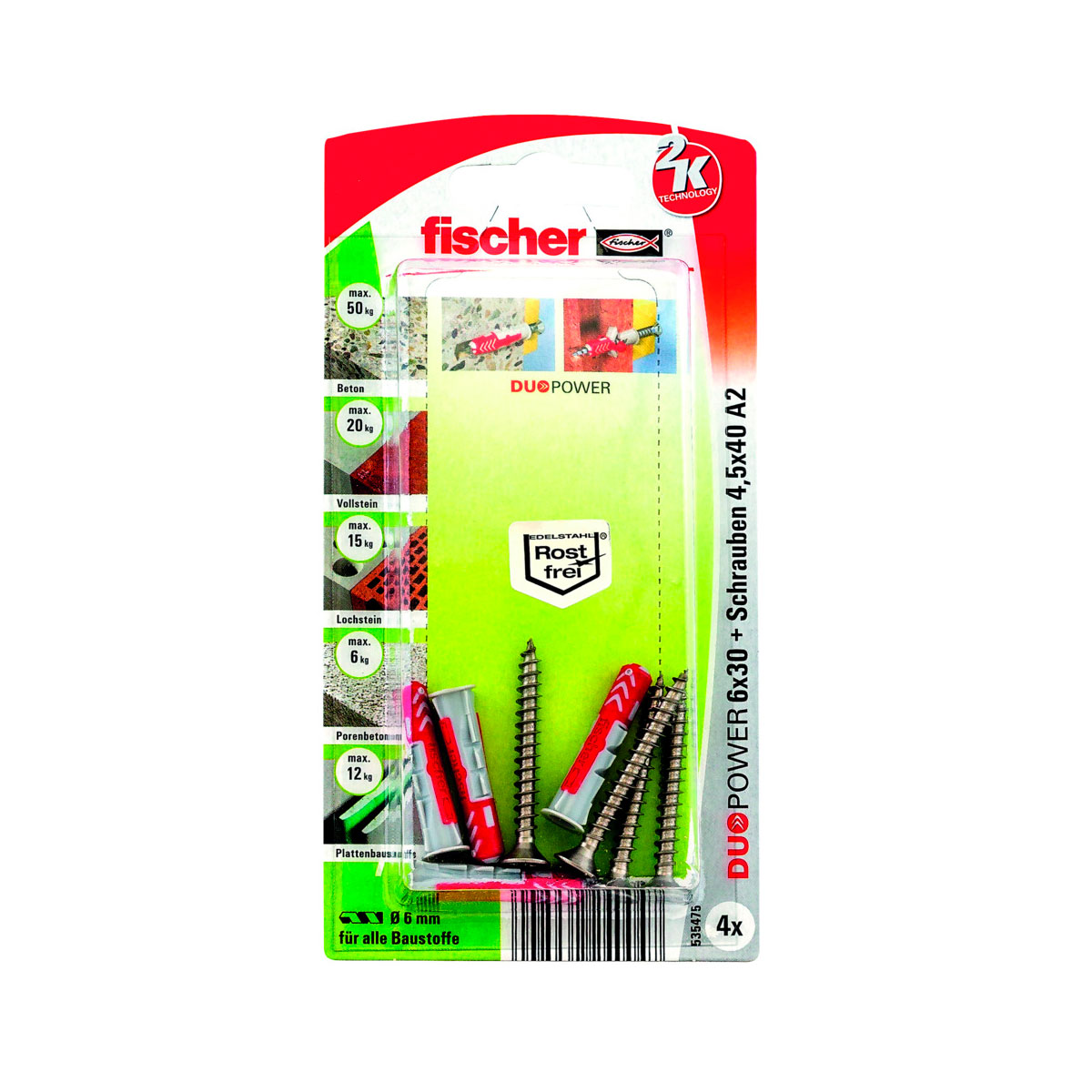 Fischer  Dübel DuoPower 6 x 30 S Schraube nicht rostender Stahl A2 4 Stück