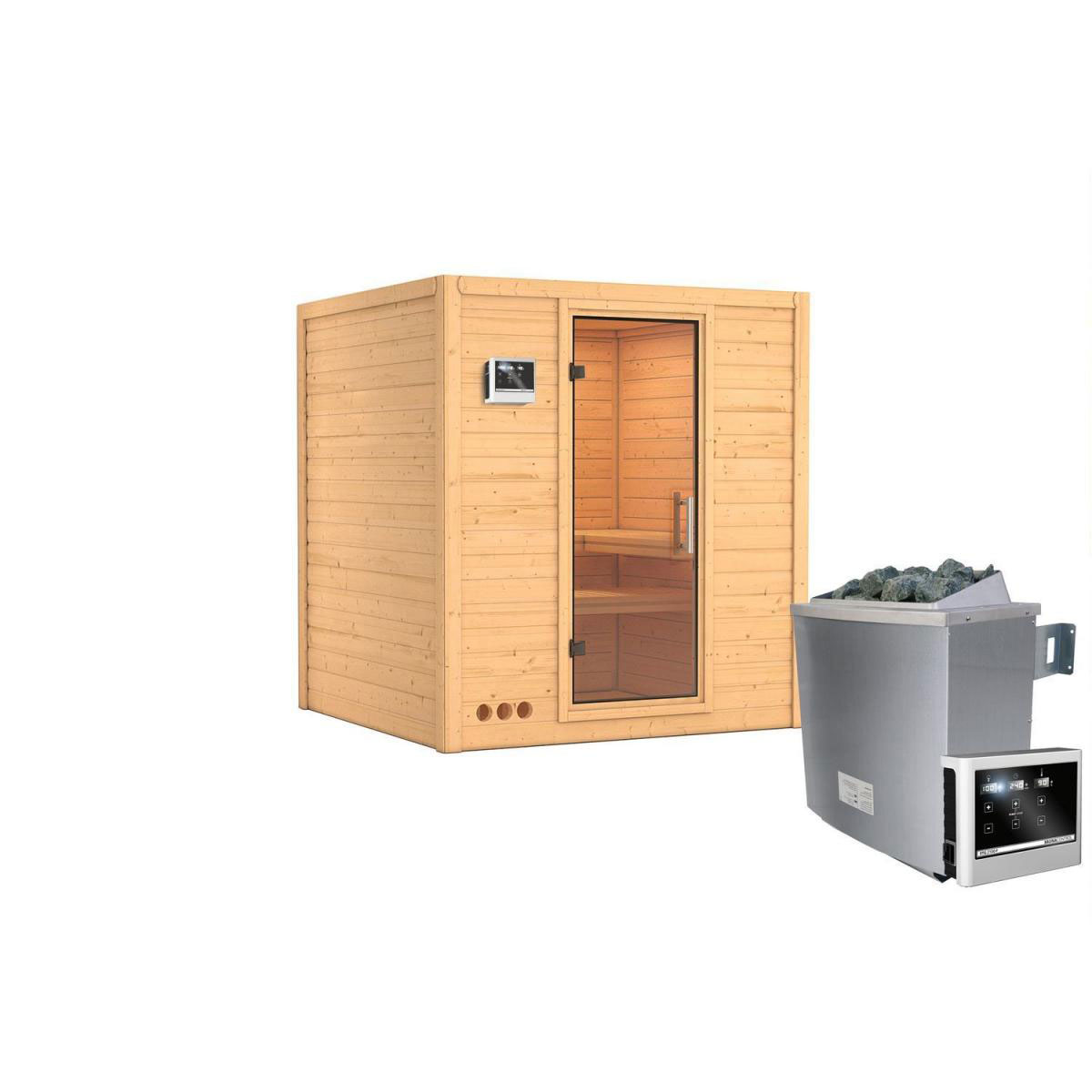 Karibu Sauna Mojave Fronteinstieg 9 kW Ofen externe Strg kein Kranz Klarglas-Tür Bild 1