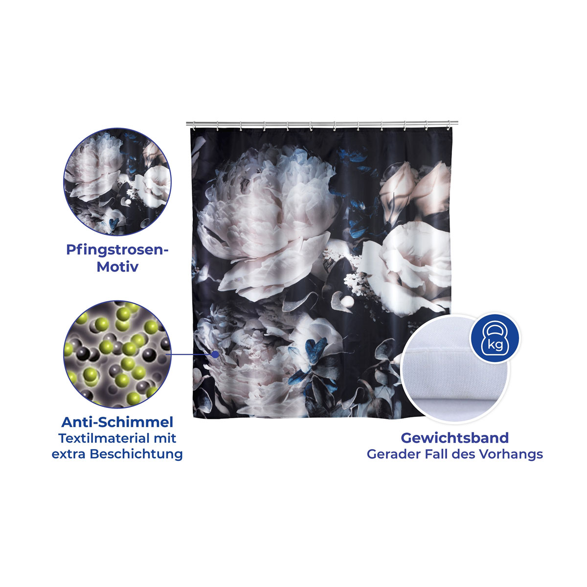 Wenko  Anti-Schimmel Duschvorhang Peony Textil Polyester 180 x 200 cm waschbar Bild 5