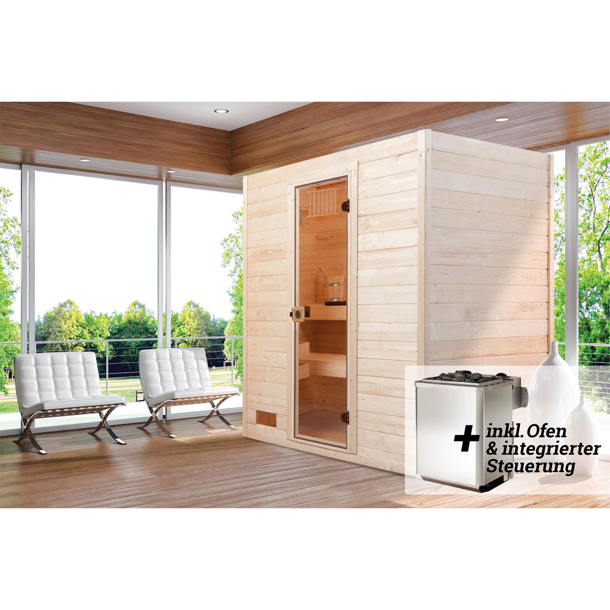 Weka  Massivholz-Sauna Valida Größe 3 Sparset 9,0kW inkl integr Strg Glastuer Bild 2