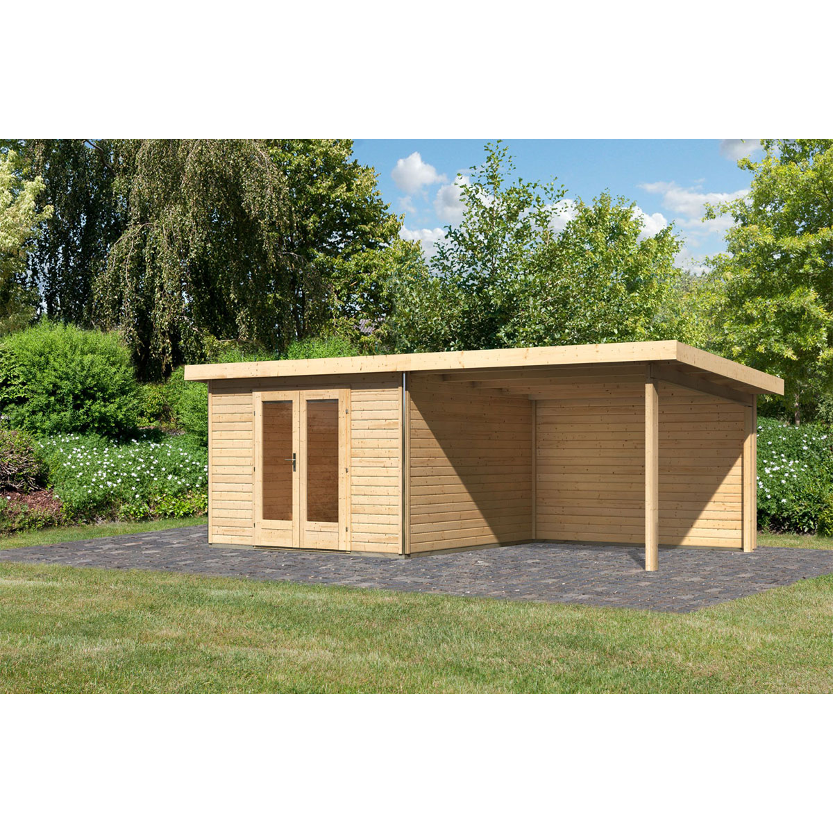 Karibu  Blockbohlenhaus Radeburg 1 naturbelassen mit Anbaudach und Rückwand