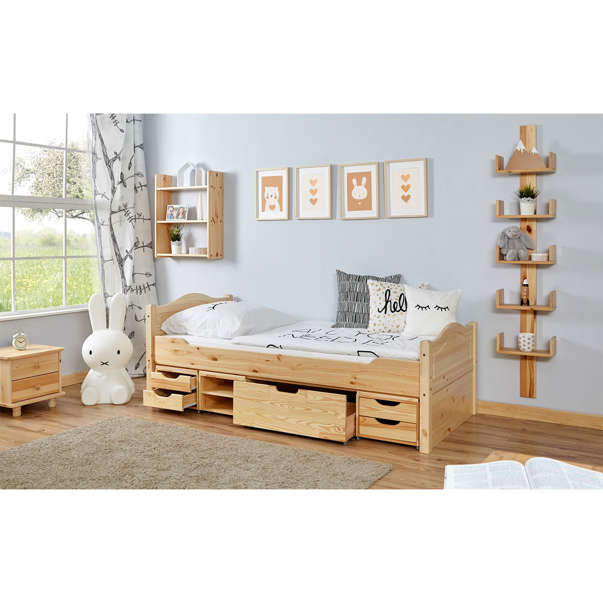 Ticaa Einzelbett Leni Kiefer mit 4er Funktionsschubkasten 100 x 200 cm Bild 2
