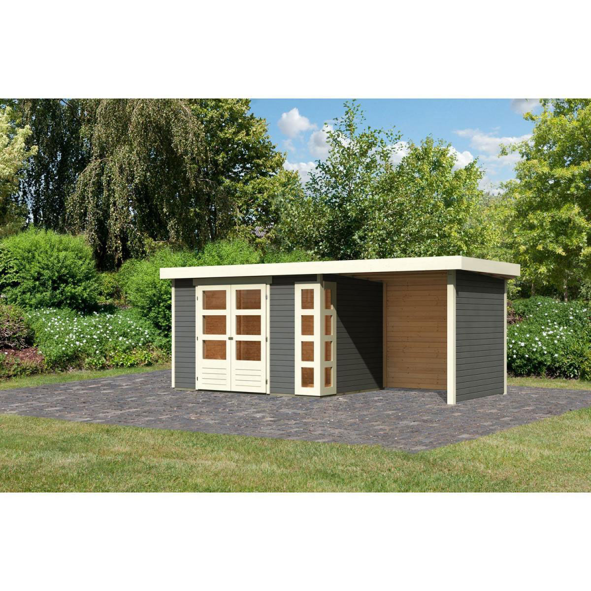 Karibu Gartenhaus-Set Kerko 4 mit Anbaudach 2,4 m mit Seiten- und Rückwand terragrau