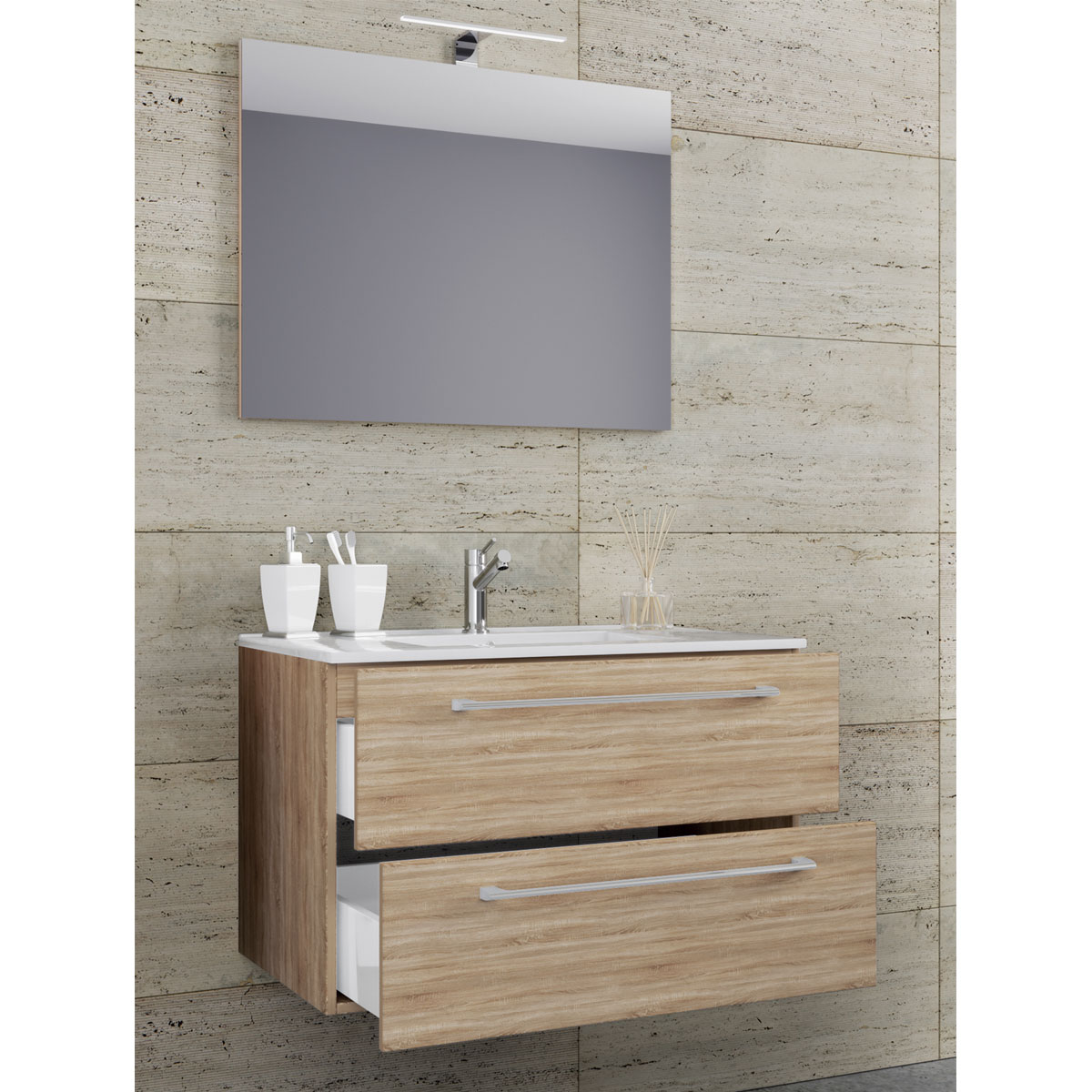 Waschplatz 80 cm 3-teilig 2 Schubfächer mit Spiegel Sonoma-Eiche Bild 2