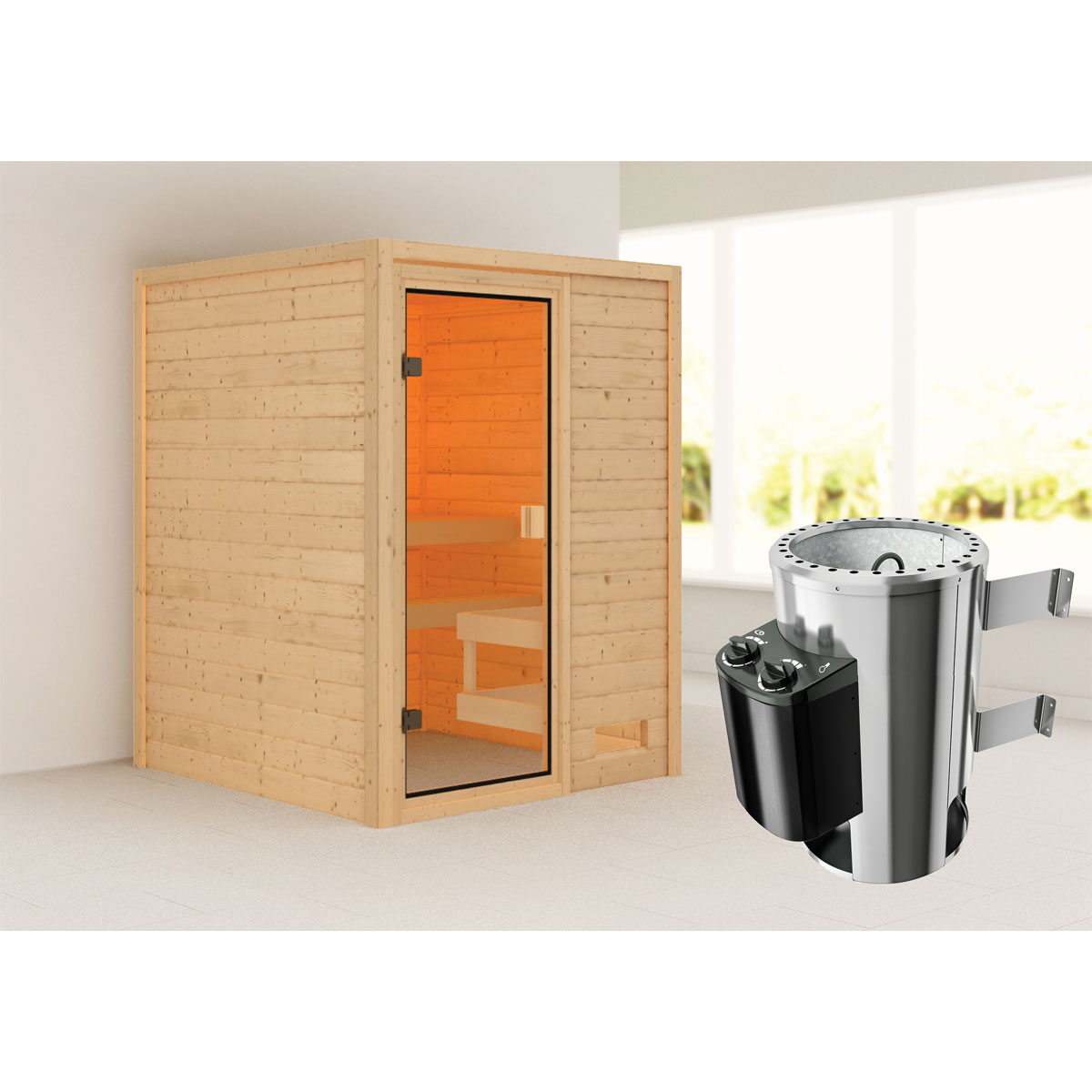 Karibu Sauna Sandra 3,6 kW naturbelassen integrierte Steuerung ohne Kranz Bild 1