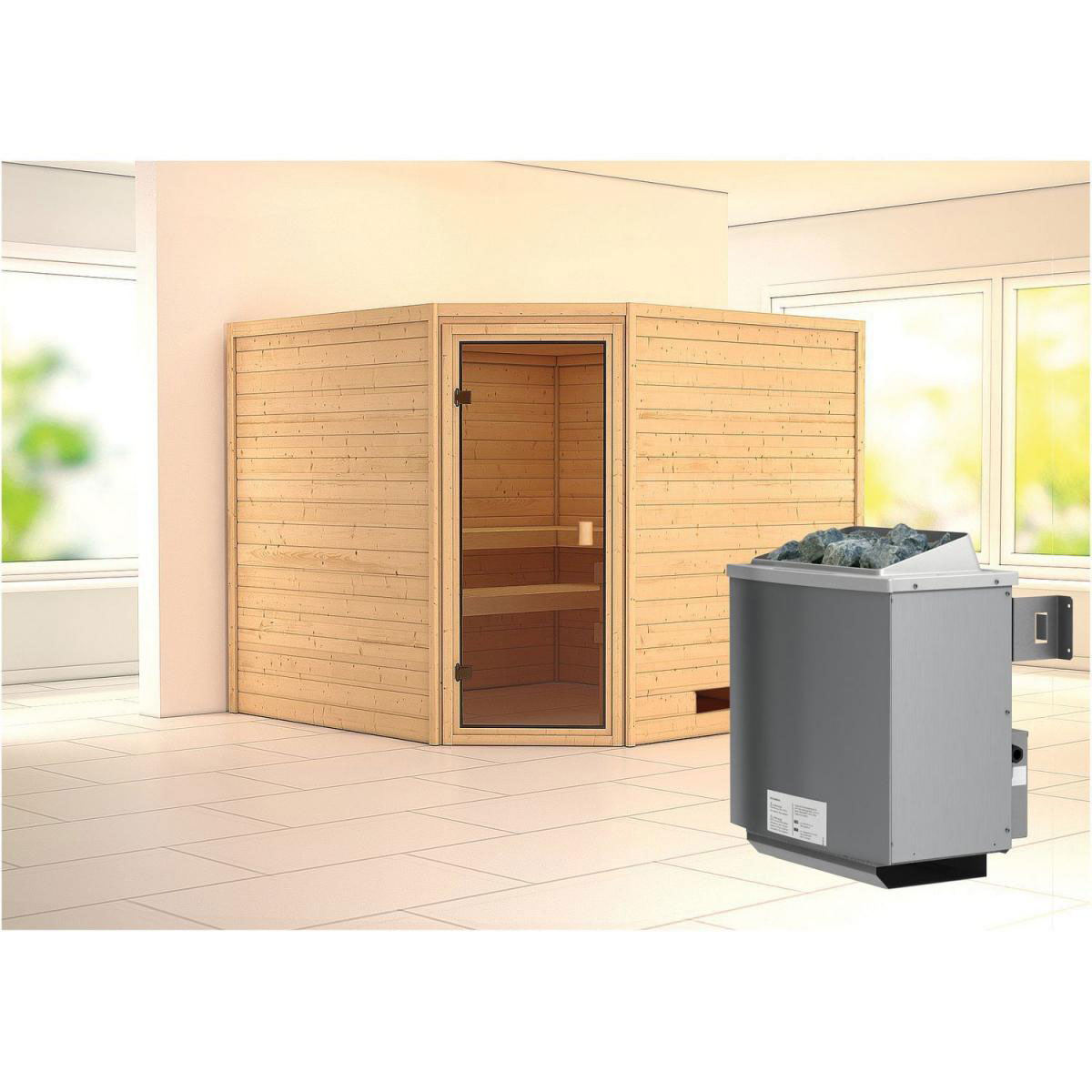 Karibu Sauna Leona Eckeinstieg 9 kW Ofen integr Strg kein Kranz bronzierte Glastür Bild 5