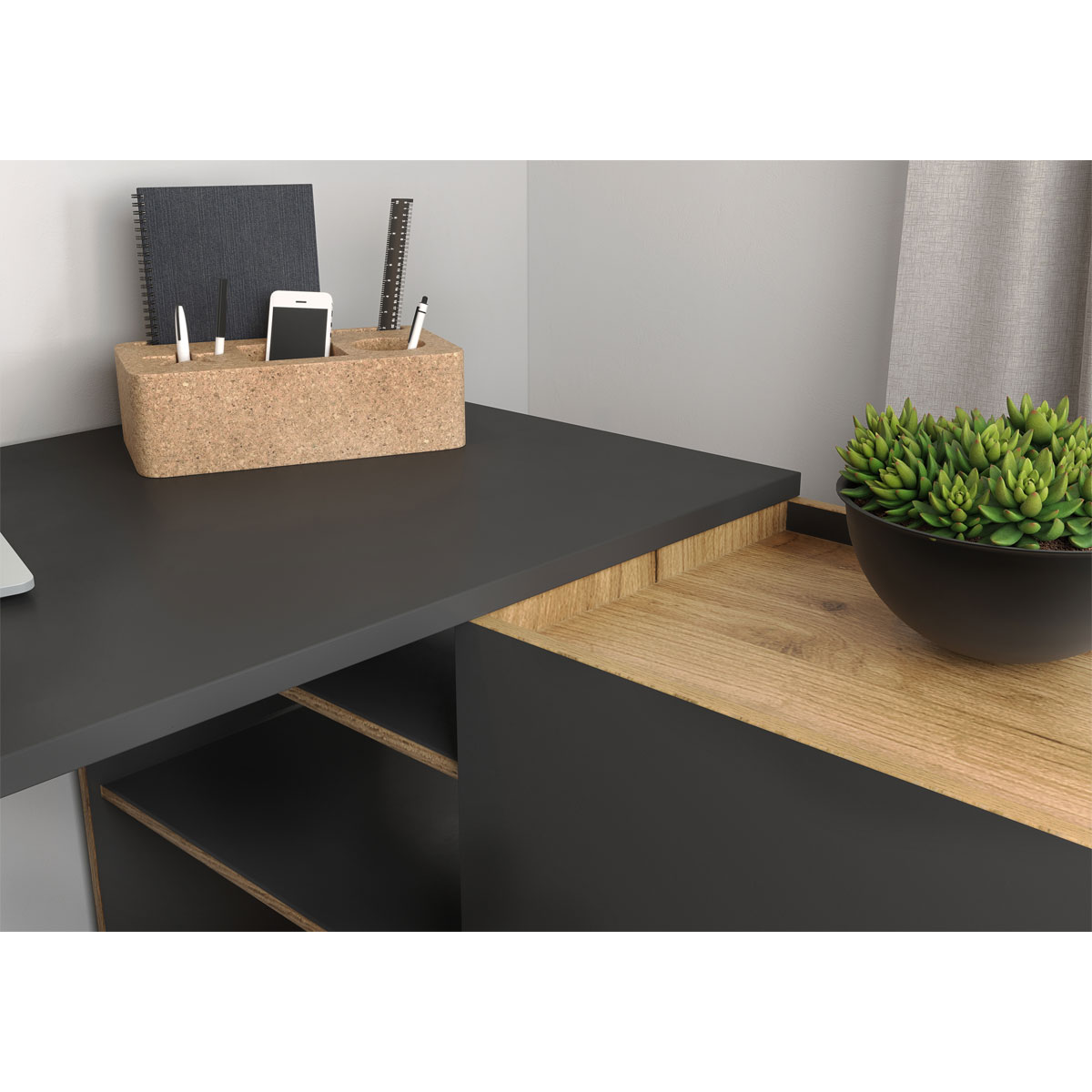 Schreibtisch Antonio integr Sideboboard mit offenen Fächern 129 x 76 x 107 cm graphit/Navarra-Eiche-Nachbildung Bild 3