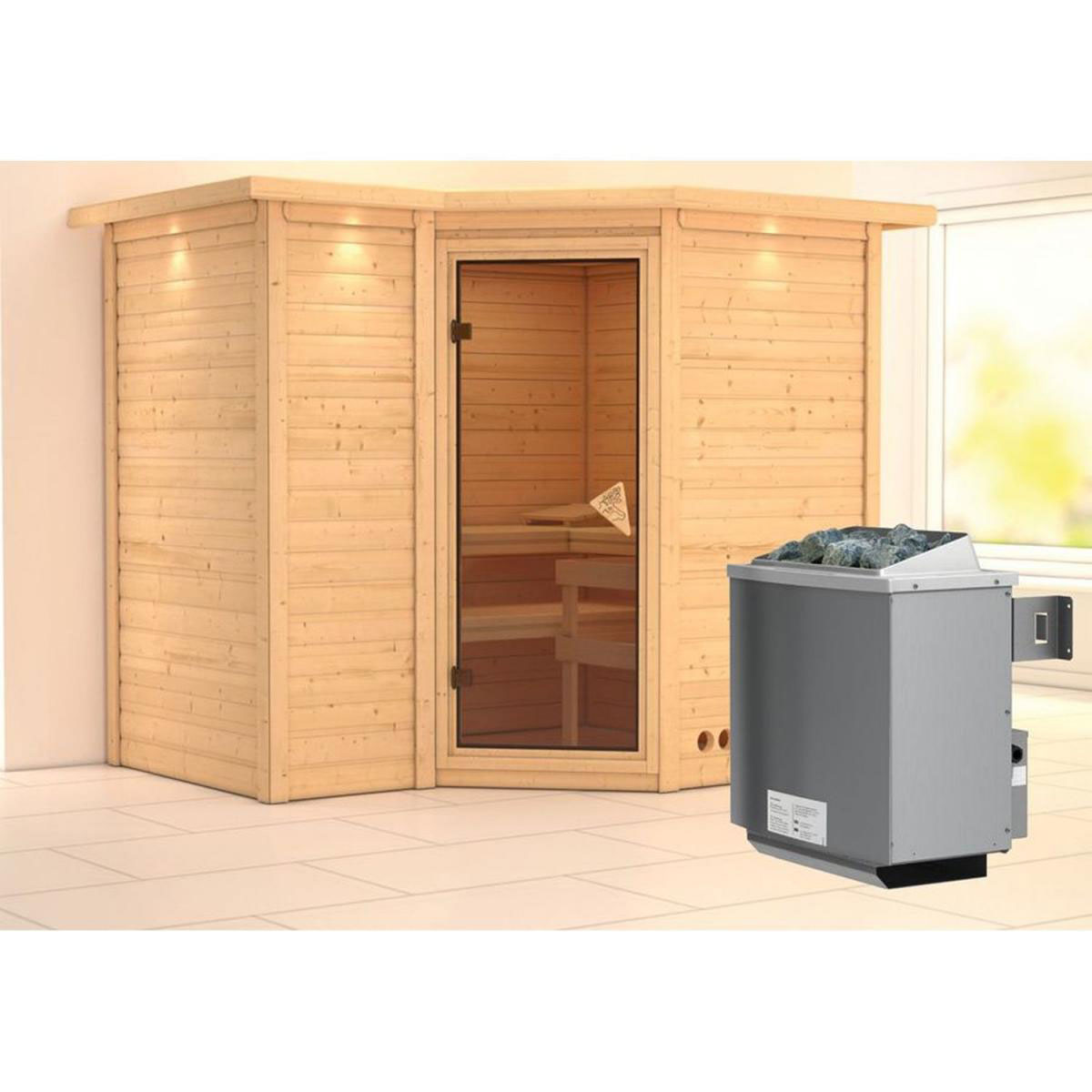 Karibu Massivholzsauna Sahib 2 40 mm 9 kW Ofen integr Strg mit Dachkranz