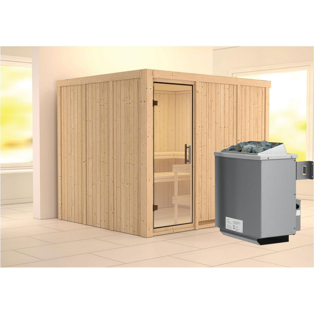 Karibu Sauna Gobin Fronteinstieg 9 kW Ofen integr Strg kein Kranz Klarglas-Tür Bild 5