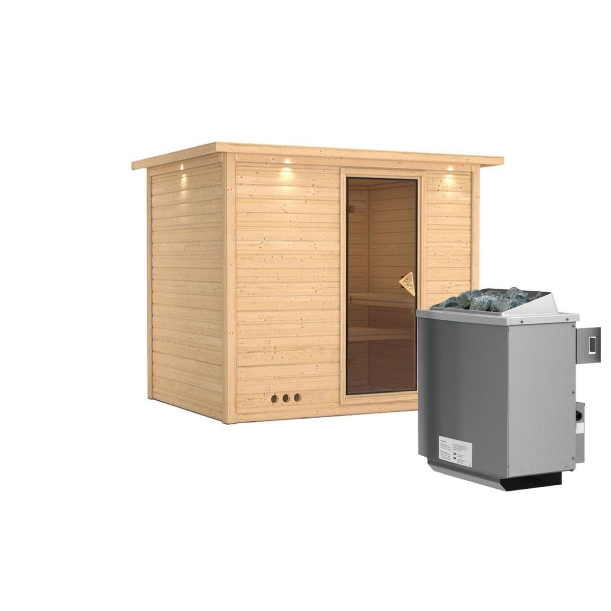 Karibu Massivholzsauna Sonara 3 40 mm 9 kW Ofen integr Strg mit Kranz Bild 2
