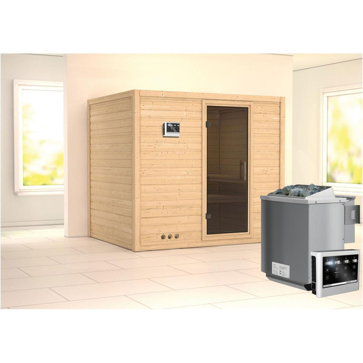 Karibu Sauna Sonara Fronteinstieg 9 kW Ofen Bio externe Strg Tür graphit ohne Kranz Bild 1