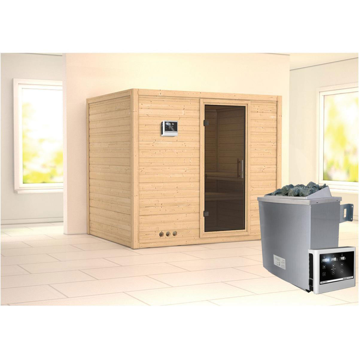Karibu Sauna Sonara Fronteinstieg 9 kW Ofen externe Strg modern Tür graphit ohne Kranz Bild 1