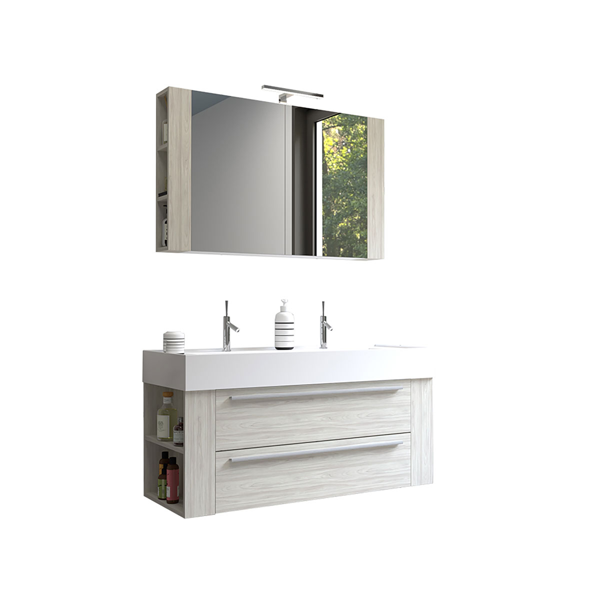 Progetto Idea Stella Badmöbel DOMUS 120 Ulme creme mit Spiegelschrank und Lampe